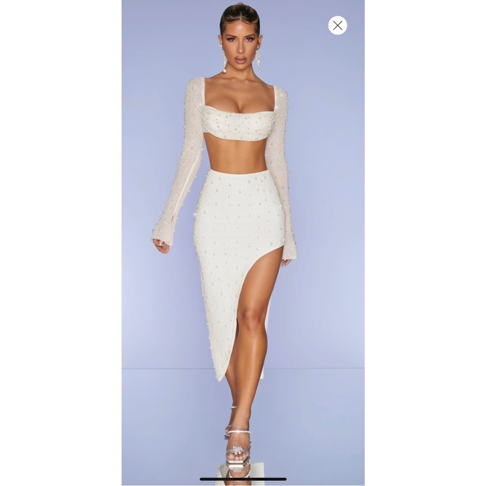 Oh Polly Set- BORDEAUX Embellished Skirt and LA DÉSIRADE Cowl Neck Crop Top